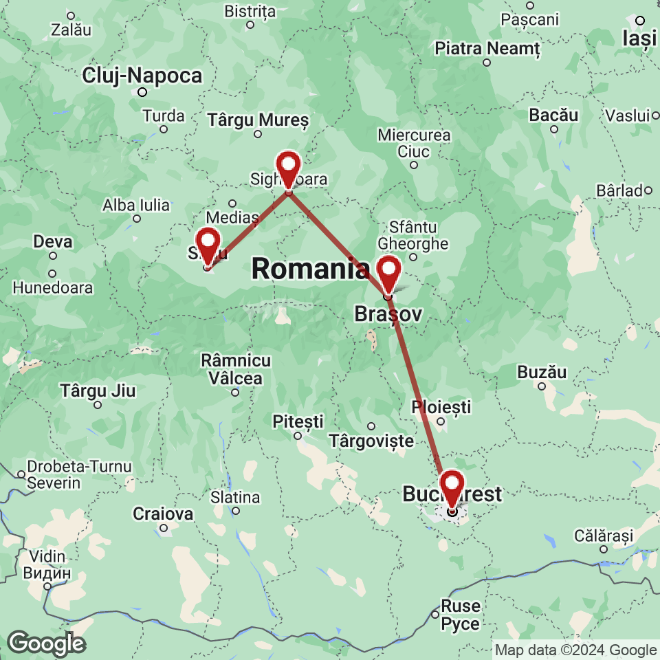 Route for Bucharest, Brasov, Sighisoara, Sibiu tour